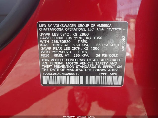 1V2KE2CA2MC209916 Volkswagen Atlas Cross Sport 3.6l V6 Se W/technology