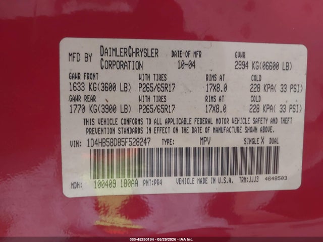 Aukcja sprzedaży 2005 Dodge Durango Limited, vin: 1D4HB58D85F528247, numer aukcji: 45250194