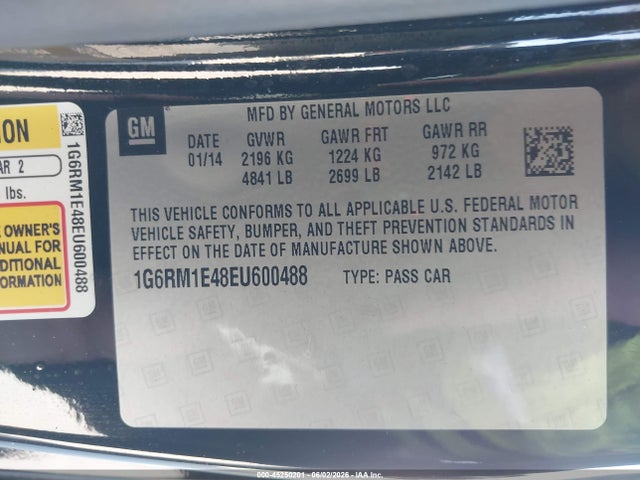 2014 Cadillac Elr Standard მანქანა იყიდება აუქციონზე, vin: 1G6RM1E48EU600488, აუქციონის ნომერი: 45250201