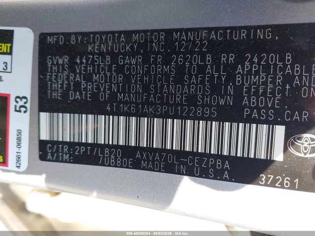 Продажа на аукционе авто 2023 Toyota Camry Xse, vin: 4T1K61AK3PU122895, номер лота: 45250204