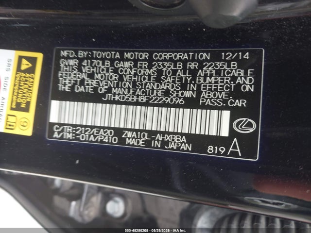 Продаж на аукціоні авто 2015 Lexus Ct 200h, vin: JTHKD5BH8F2229096, номер лоту: 45250205
