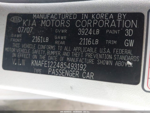 Aukcja sprzedaży 2008 Kia Spectra Ex, vin: KNAFE122485493192, numer aukcji: 45250232