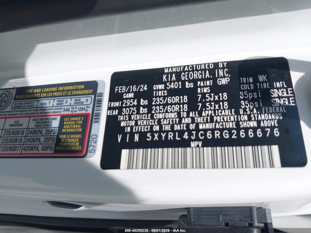 2024 Kia Sorento S მანქანა იყიდება აუქციონზე, vin: 5XYRL4JC6RG266676, აუქციონის ნომერი: 45250235