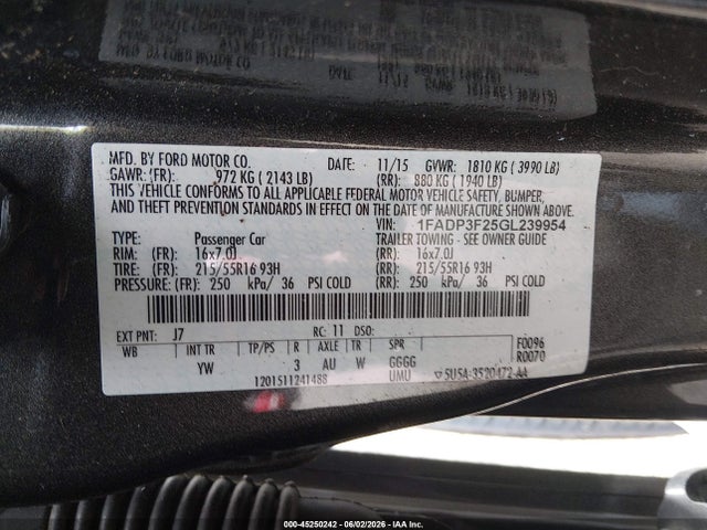 45250242 :رقم المزاد ، 1FADP3F25GL239954 vin ، 2016 Ford Focus Se مزاد بيع