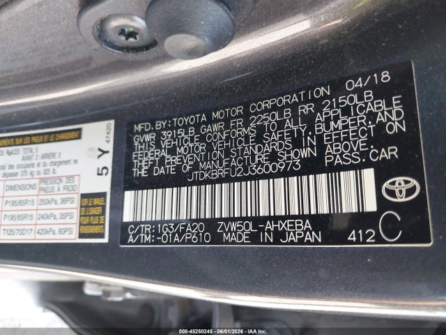 Продажа на аукционе авто 2018 Toyota Prius Two, vin: JTDKBRFU2J3600973, номер лота: 45250245