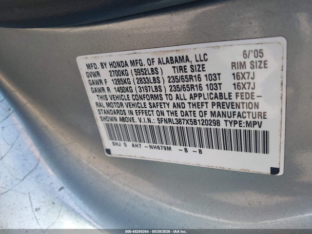 45250264 :رقم المزاد ، 5FNRL387X5B120298 vin ، 2005 Honda Odyssey Ex-l مزاد بيع