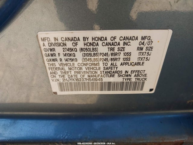 2007 Honda Ridgeline Rt მანქანა იყიდება აუქციონზე, vin: 2HJYK16237H541945, აუქციონის ნომერი: 45250268