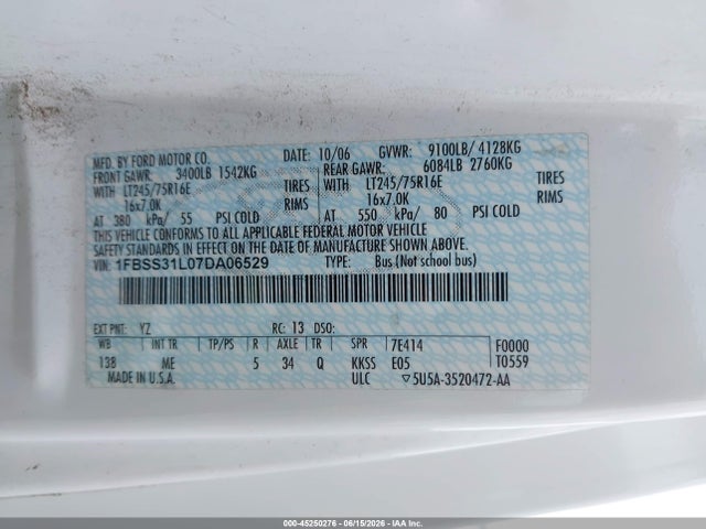 45250276 :رقم المزاد ، 1FBSS31L07DA06529 vin ، 2007 Ford E-350 Super Duty Xl/xlt مزاد بيع