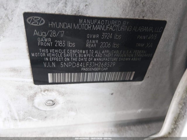 45250282 :رقم المزاد ، 5NPD84LF3JH268529 vin ، 2018 Hyundai Elantra Sel مزاد بيع