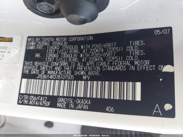 Aukcja sprzedaży 2007 Toyota 4runner Sr5 V6, vin: JTEBU14R378101505, numer aukcji: 45250286