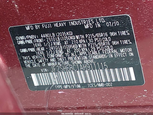 Продаж на аукціоні авто 2010 Subaru Forester 2.5x, vin: JF2SH6BC1AH911115, номер лоту: 45250288