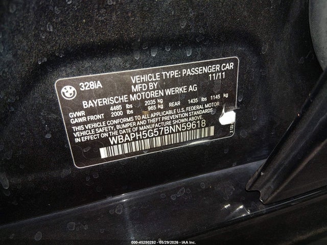 Aukcja sprzedaży 2011 Bmw 328i, vin: WBAPH5G57BNN59618, numer aukcji: 45250292