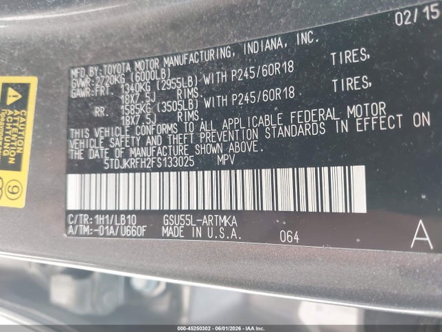 45250302 :رقم المزاد ، 5TDJKRFH2FS133025 vin ، 2015 Toyota Highlander Xle V6 مزاد بيع