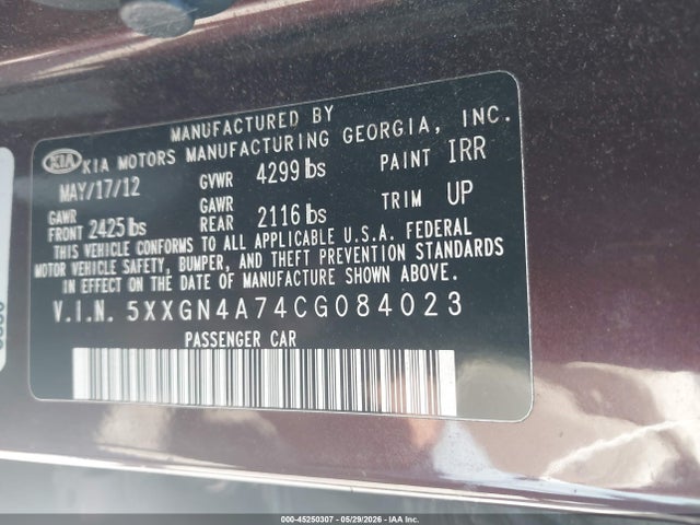 Продажа на аукционе авто 2012 Kia Optima Ex, vin: 5XXGN4A74CG084023, номер лота: 45250307