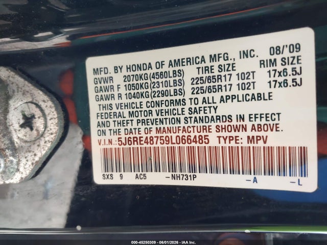 2009 Honda Cr-v Ex-l მანქანა იყიდება აუქციონზე, vin: 5J6RE48759L066485, აუქციონის ნომერი: 45250309