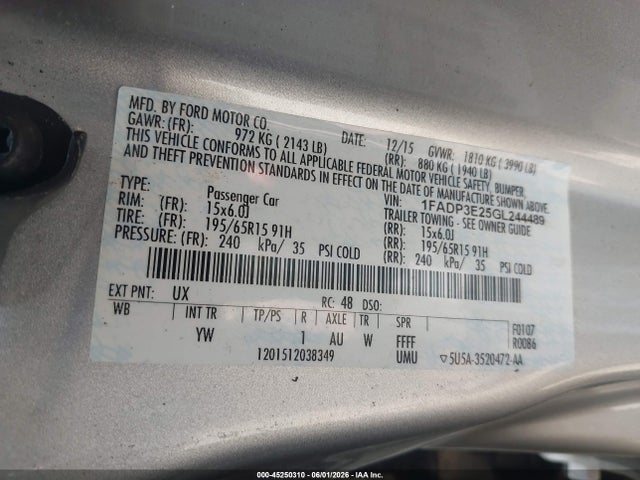 Aukcja sprzedaży 2016 Ford Focus S, vin: 1FADP3E25GL244489, numer aukcji: 45250310