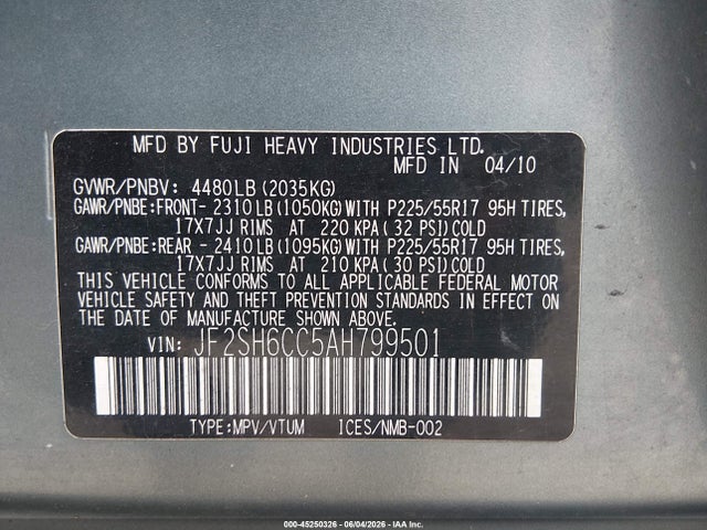 Продаж на аукціоні авто 2010 Subaru Forester 2.5x Premium, vin: JF2SH6CC5AH799501, номер лоту: 45250326