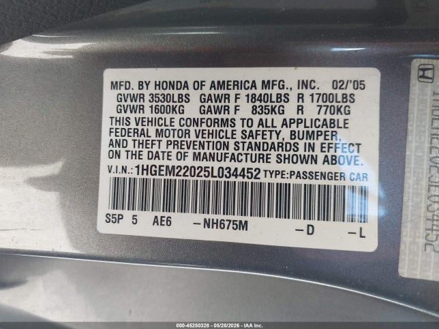45250328 :رقم المزاد ، 1HGEM22025L034452 vin ، 2005 Honda Civic Ex مزاد بيع
