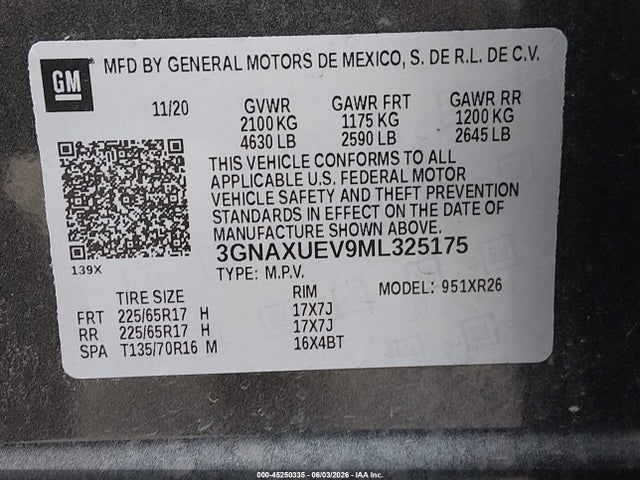 Aukcja sprzedaży 2021 Chevrolet Equinox Awd Lt, vin: 3GNAXUEV9ML325175, numer aukcji: 45250335