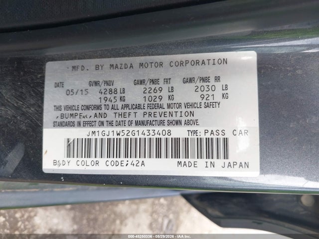 Aukcja sprzedaży 2016 Mazda Mazda6 I Grand Touring, vin: JM1GJ1W52G1433408, numer aukcji: 45250336