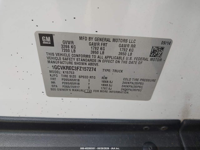 Продажа на аукционе авто 2015 Chevrolet Silverado 1500 1lt, vin: 1GCVKREC3FZ157274, номер лота: 45250351