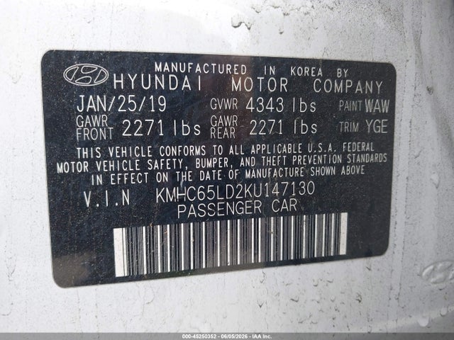 45250352 :رقم المزاد ، KMHC65LD2KU147130 vin ، 2019 Hyundai Ioniq Plug-in Hybrid مزاد بيع