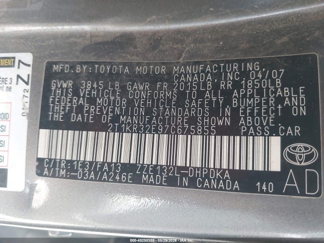 Aukcja sprzedaży 2007 Toyota Matrix, vin: 2T1KR32E97C675855, numer aukcji: 45250355