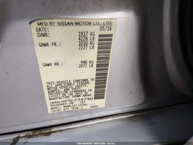 45250356 :رقم المزاد ، 1N4AL3AP7GC234790 vin ، 2016 Nissan Altima 2.5/2.5 S/2.5 Sl/2.5 Sr/2.5 Sv مزاد بيع