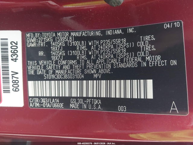 Auction sale of the 2011 Toyota Sienna Limited V6, vin: 5TDYK3DC3BS031004, lot number: 45250376