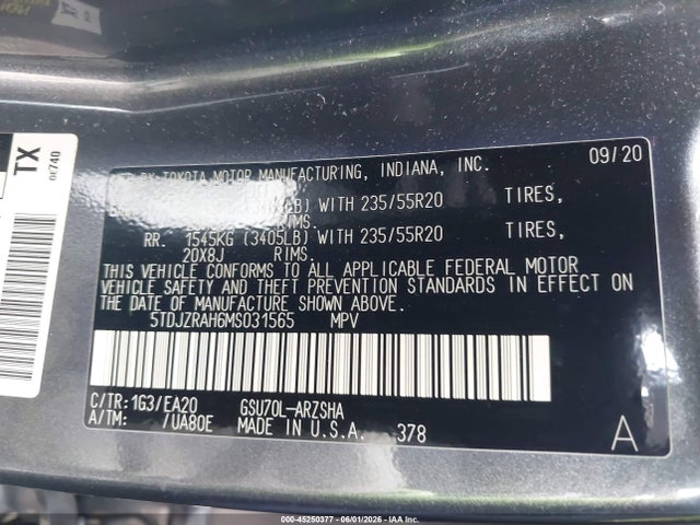 Aukcja sprzedaży 2021 Toyota Highlander Xse, vin: 5TDJZRAH6MS031565, numer aukcji: 45250377