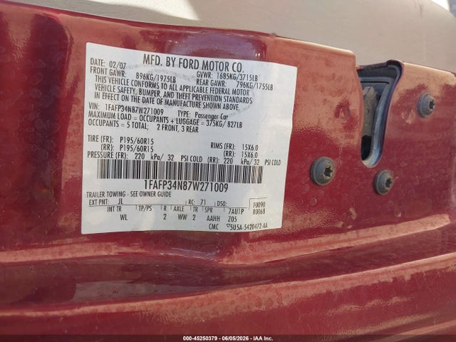 2007 Ford Focus Zx4/s/se/ses მანქანა იყიდება აუქციონზე, vin: 1FAFP34N87W271009, აუქციონის ნომერი: 45250379