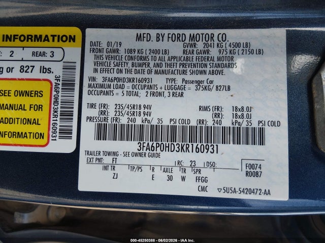 3FA6P0HD3KR160931 Ford FUSION SE