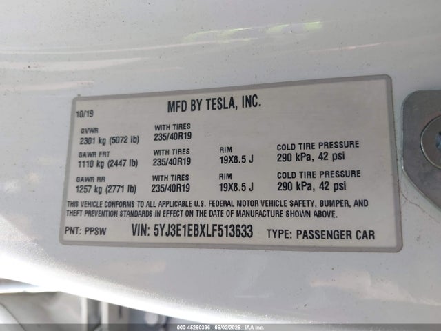 2020 Tesla Model 3 Long Range Dual Motor All-wheel Drive მანქანა იყიდება აუქციონზე, vin: 5YJ3E1EBXLF513633, აუქციონის ნომერი: 45250396