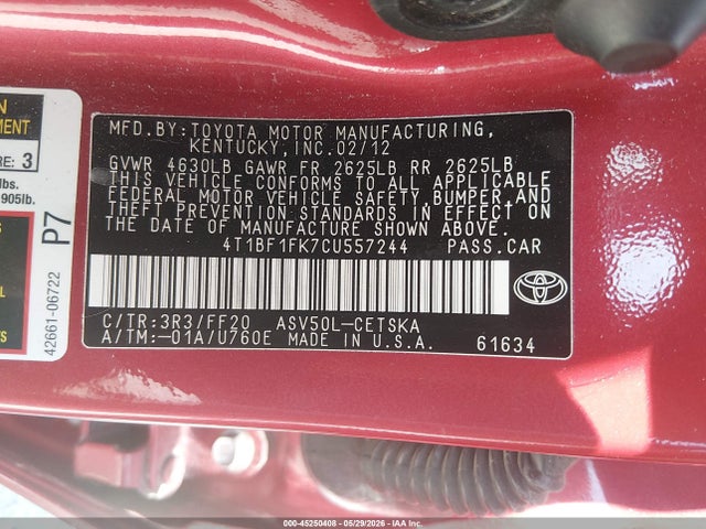 Продажа на аукционе авто 2012 Toyota Camry Se, vin: 4T1BF1FK7CU557244, номер лота: 45250408