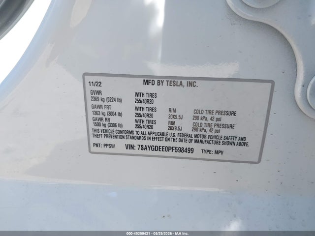Продажа на аукционе авто 2023 Tesla Model Y Awd/long Range Dual Motor All-wheel Drive, vin: 7SAYGDEE0PF598499, номер лота: 45250431