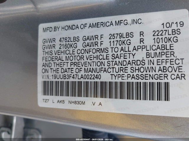 2020 Acura Tlx Tech Package მანქანა იყიდება აუქციონზე, vin: 19UUB3F47LA002240, აუქციონის ნომერი: 45250447