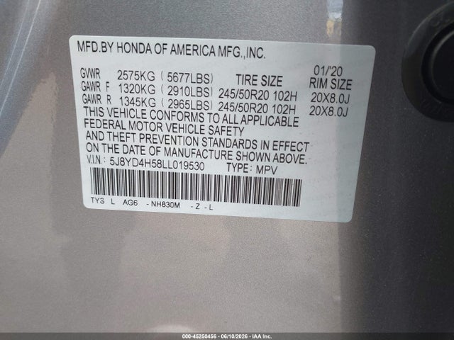 2020 Acura Mdx Technology Package მანქანა იყიდება აუქციონზე, vin: 5J8YD4H58LL019530, აუქციონის ნომერი: 45250456