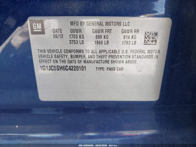 45250460 :رقم المزاد ، 1G1JC5SH6C4220101 vin ، 2012 Chevrolet Sonic 2lt مزاد بيع
