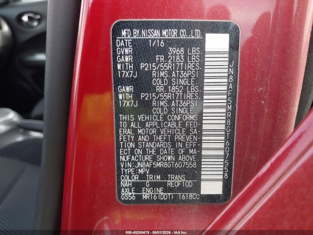 Aukcja sprzedaży 2016 Nissan Juke S, vin: JN8AF5MR8GT607558, numer aukcji: 45250478
