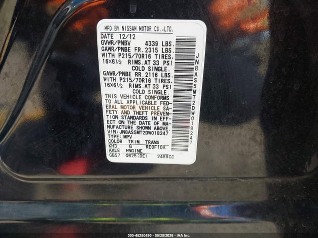 45250490 :رقم المزاد ، JN8AS5MT2DW018247 vin ، 2013 Nissan Rogue S مزاد بيع