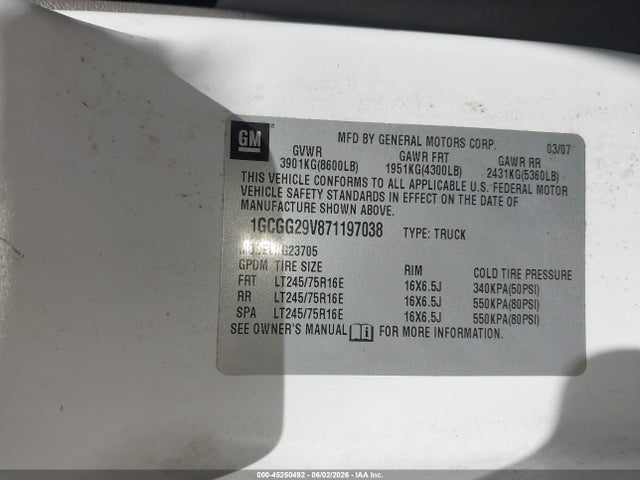 Aukcja sprzedaży 2007 Chevrolet Express Work Van, vin: 1GCGG29V871197038, numer aukcji: 45250492