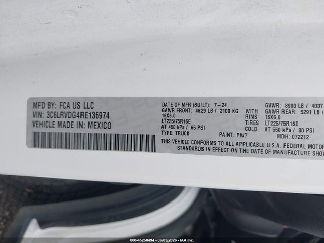 45250494 :رقم المزاد ، 3C6LRVDG4RE136974 vin ، 2024 Ram Promaster 2500 Tradesman High Roof 159 Wb W/pass Seat مزاد بيع