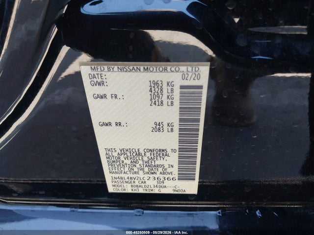 45250509 :رقم المزاد ، 1N4BL4BV2LC236366 vin ، 2020 Nissan Altima S Fwd مزاد بيع