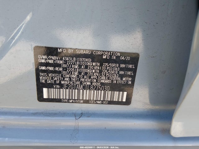 2020 Subaru Crosstrek Limited მანქანა იყიდება აუქციონზე, vin: JF2GTAMC1L8275030, აუქციონის ნომერი: 45250511