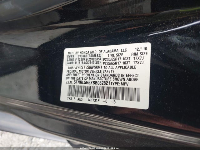 Продажа на аукционе авто 2011 Honda Odyssey Ex-l, vin: 5FNRL5H6XBB032821, номер лота: 45250519