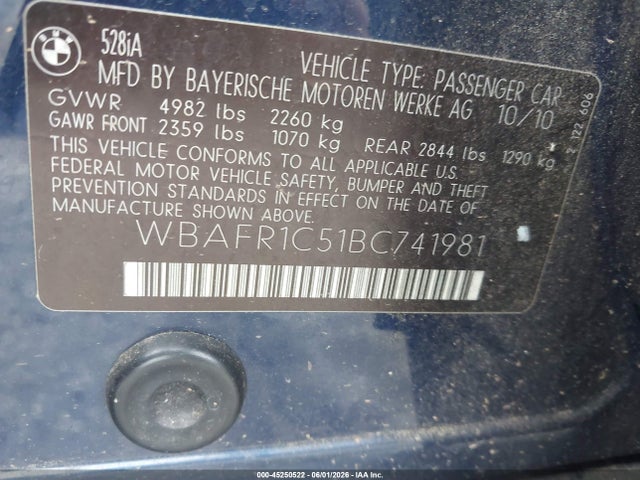 Продажа на аукционе авто 2011 Bmw 528i, vin: WBAFR1C51BC741981, номер лота: 45250522