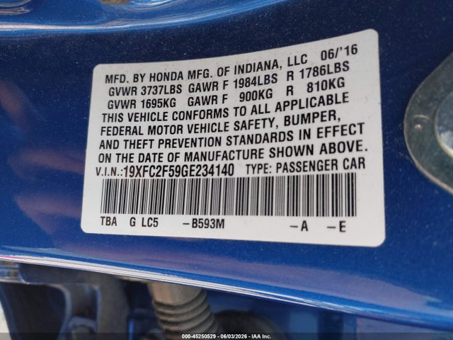 Honda Civic Lx 2016 19XFC2F59GE234140 Image 9