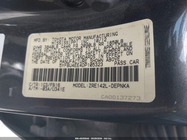 45250545 :رقم المزاد ، 5YFBU4EE4DP105323 vin ، 2013 Toyota Corolla Le مزاد بيع