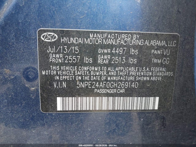 Продажа на аукционе авто 2016 Hyundai Sonata Se, vin: 5NPE24AF0GH269140, номер лота: 45250551