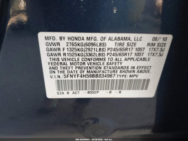 Продаж на аукціоні авто 2011 Honda Pilot Ex-l, vin: 5FNYF4H59BB034967, номер лоту: 45250553